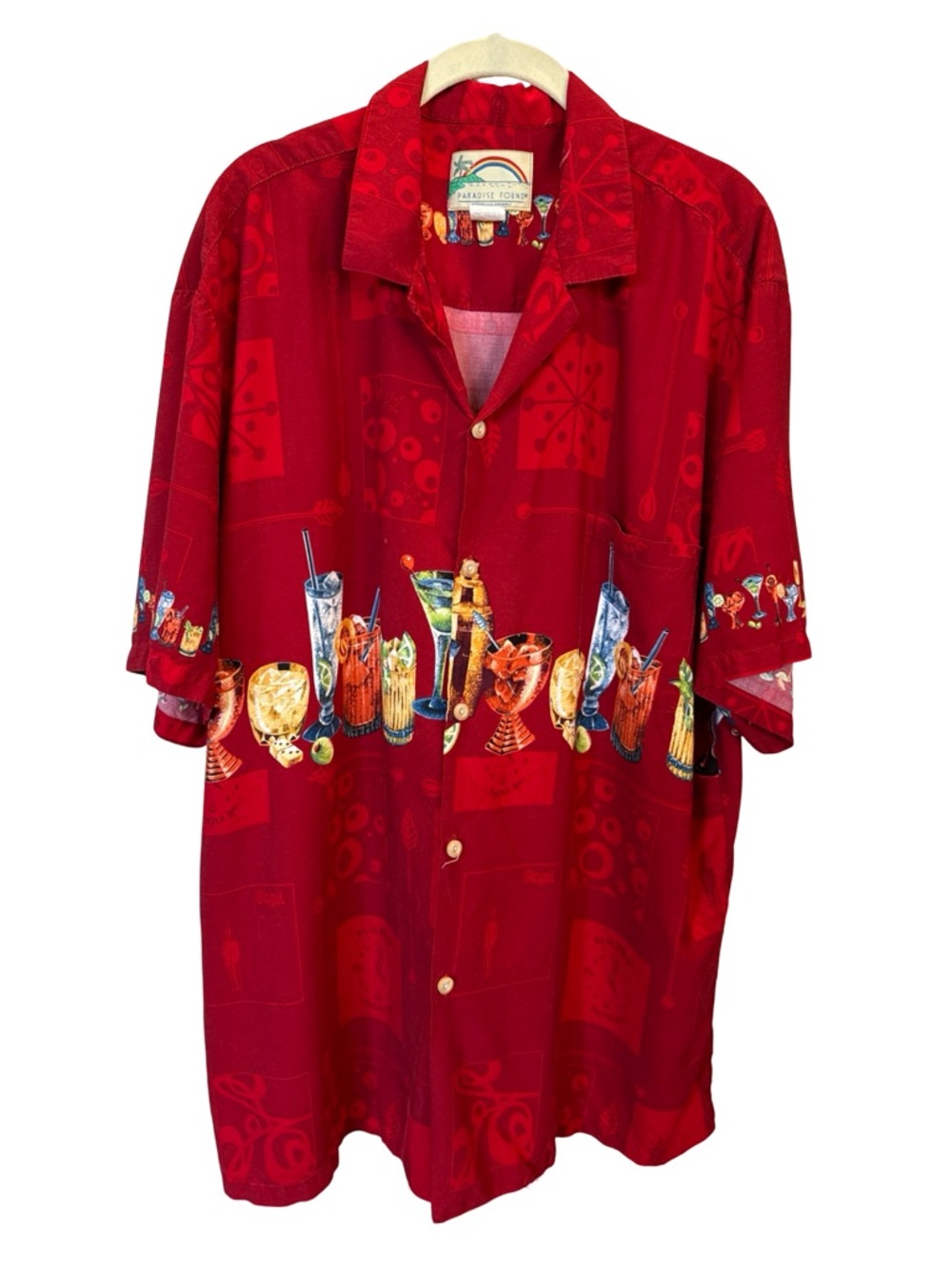 Paradise Found Hawaiian Shirt Mens 2XL Red Cocktail Tiki Bar Print 100% Rayon